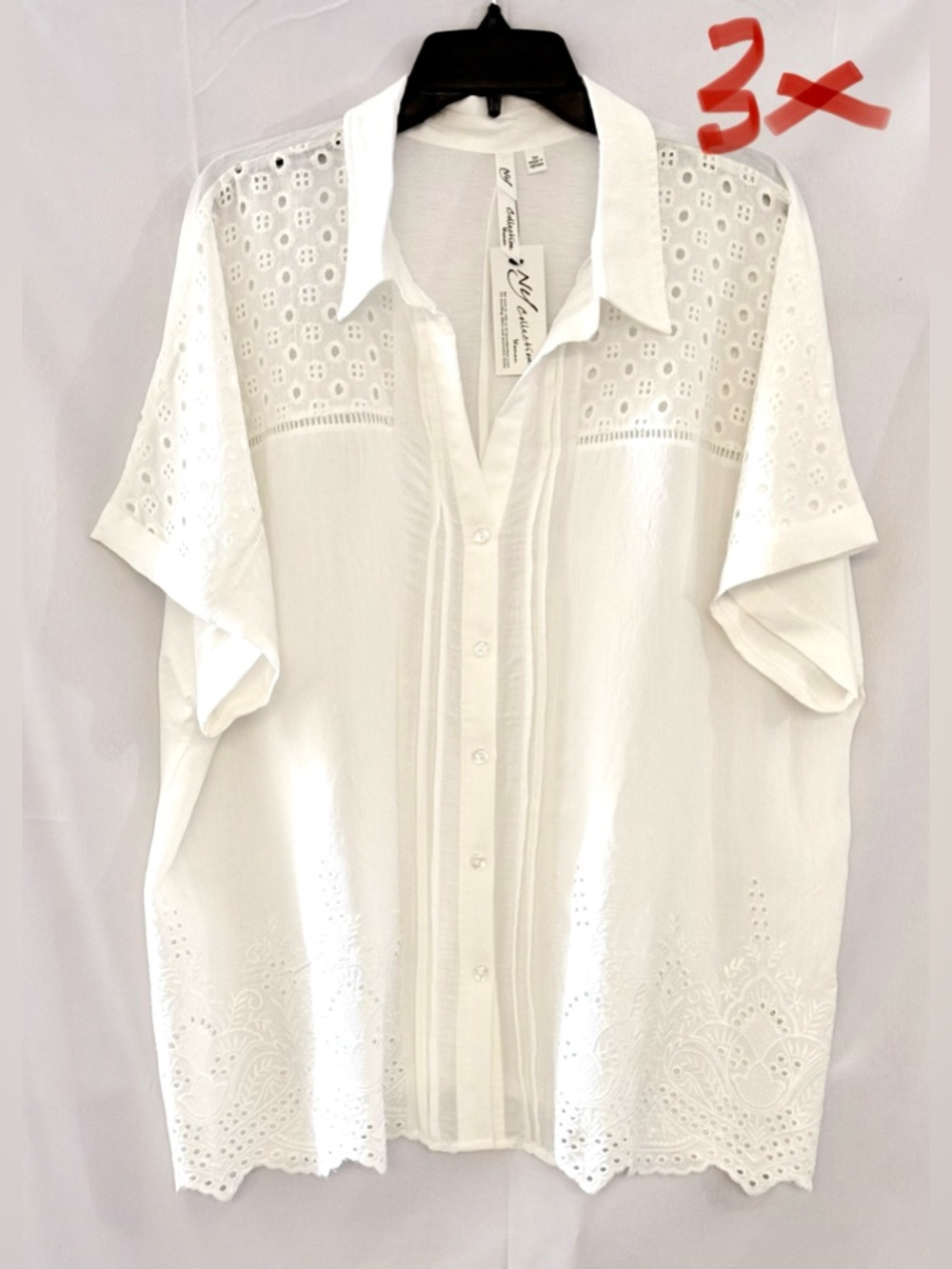 NY Collection White Eyelet Embroidered Short-Sleeve Button-Down